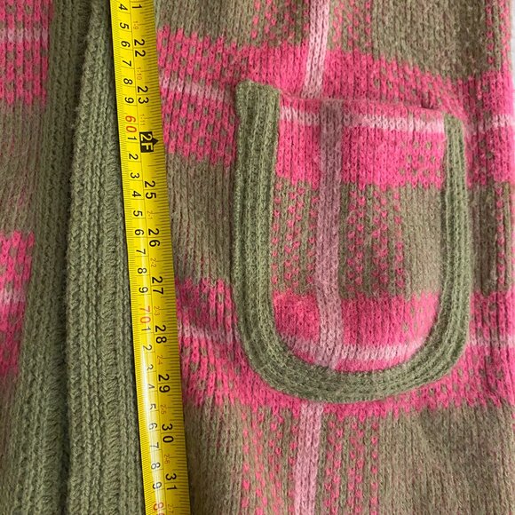 Vintage Pink Beige Plaid Wool Open Collared Pockets Cardigan Sweater - S - Picture 4 of 4